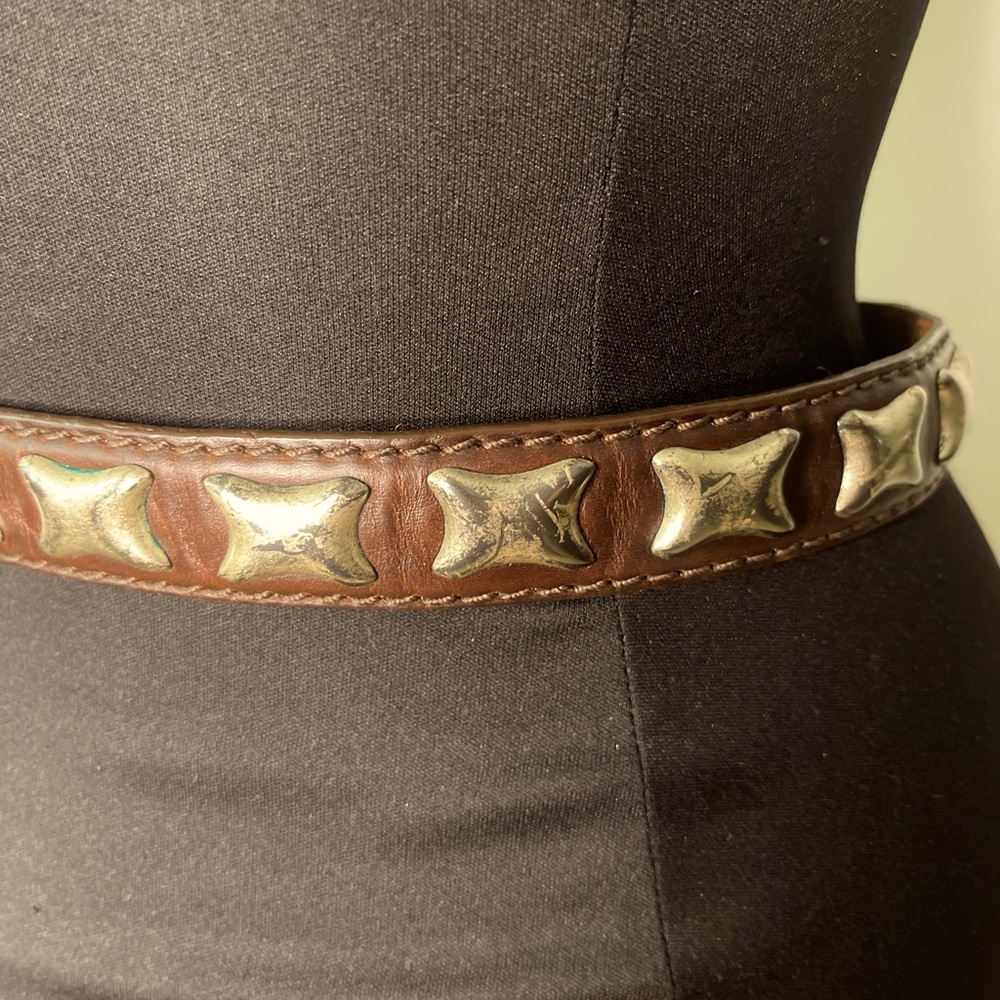Brown Leather Belt with solid brass buckle and studs women’s small